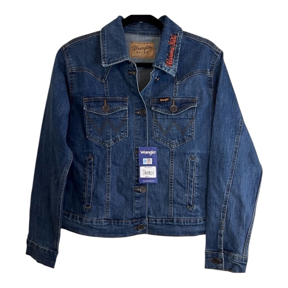Wrangler Women’s Oklahoma State Cowboys Blue Denim Trucker Jacket L NWT